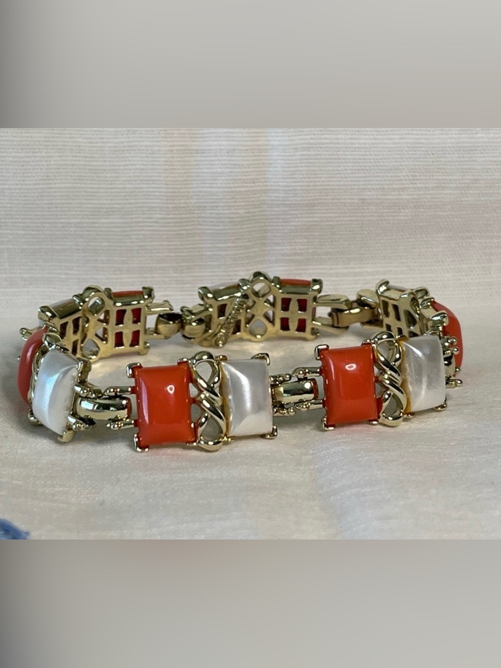 Vintage Marboux Gold Plated Coral & Faux Pearl Link Bracelet